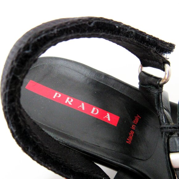 PRADA 90’s VINTAGE Black Sporty Open Toe Platform Sandals W/Metal Buckles Size-9 - Picture 3 of 14